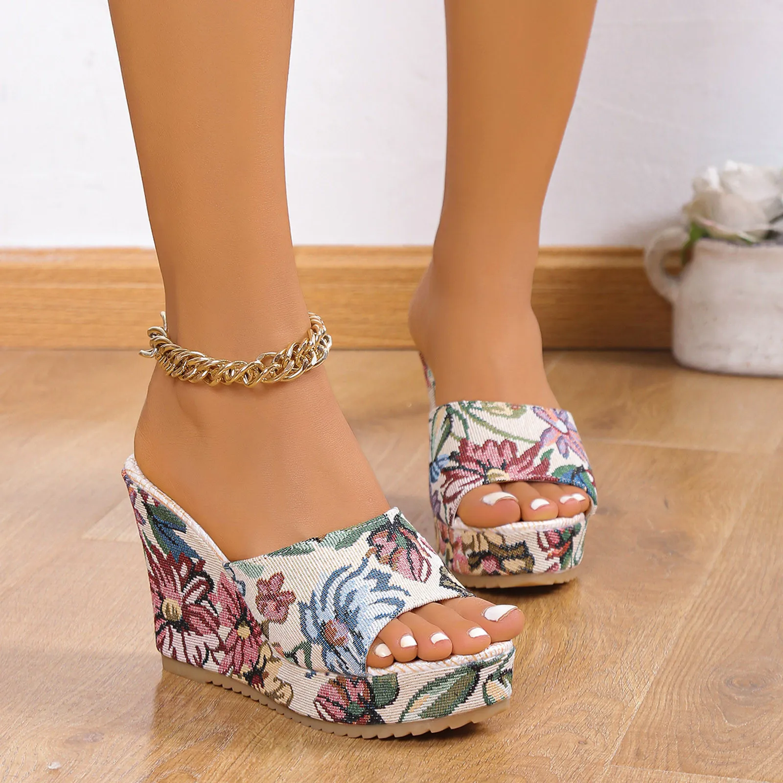 Women Sandals Fashionable Flower Print Open Toe Platform Wedges High Heeled Sandals 2024 New Elegant Dressy Slippers Female