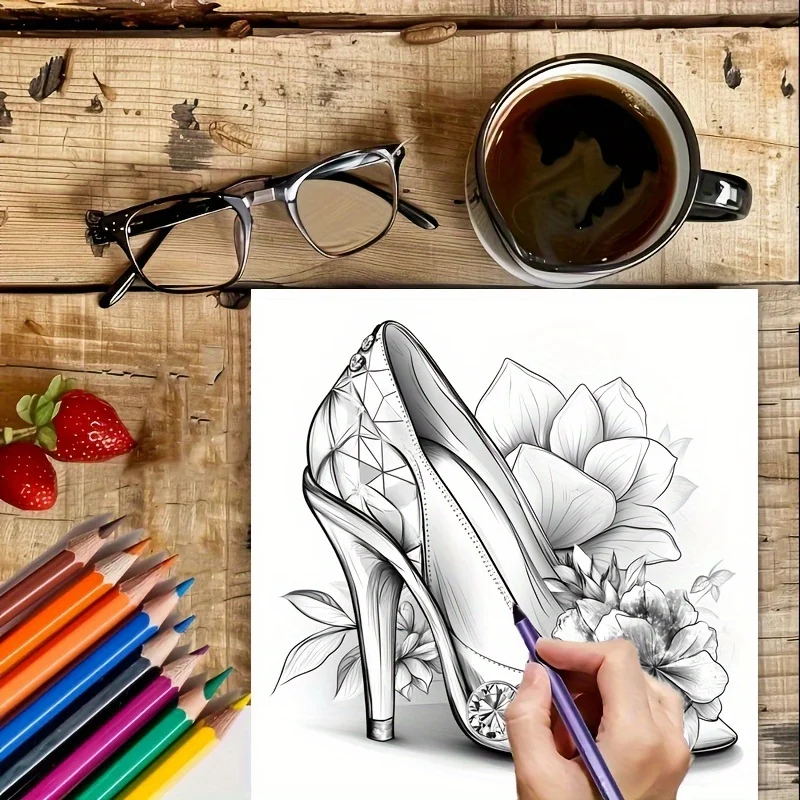 28-pagina's dromerige kleurboek met hoge hakken voor stressreductie voor volwassenen |   Kleurboek voor ontspanning en stemmingsreductie Valentijnsdag