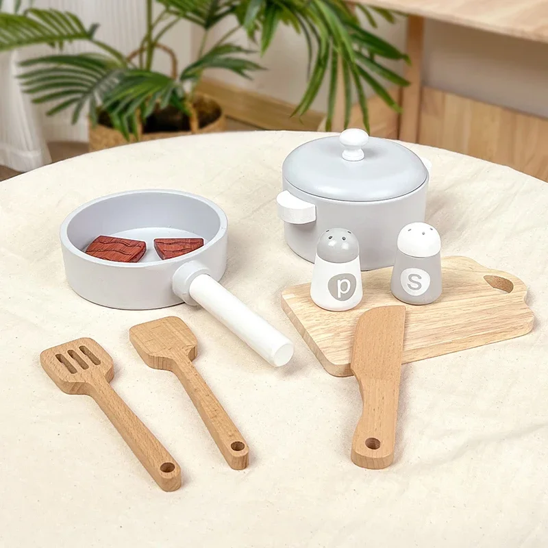 子供用シミュレーションキッチンおもちゃ、早期教育用木製シミュレーション鍋とフライパン、食べ物ごっこ遊びシェフ