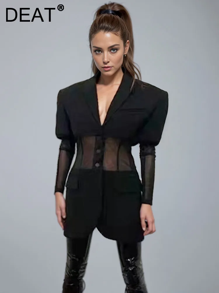 DEAT Fashion Women's Blazer Notched Puff Sleeves Mesh Spliced Waist Translucent Streetwear Suit Jackets Summer 2024 New 17A2745