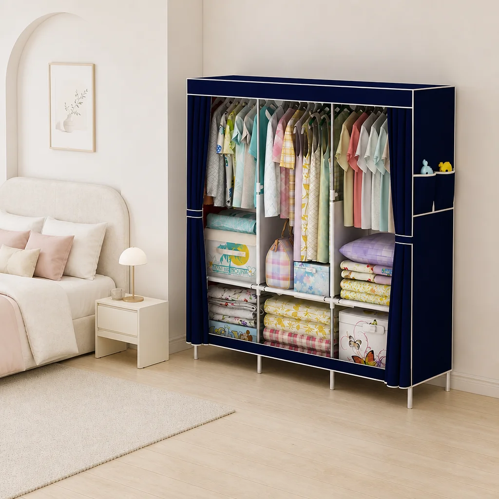 Dustproof Fabric Wardrobe,6 Storage Compartments Sturdy Galvanized Steel Tube Portable Closet for Bedroom Dorm Rental