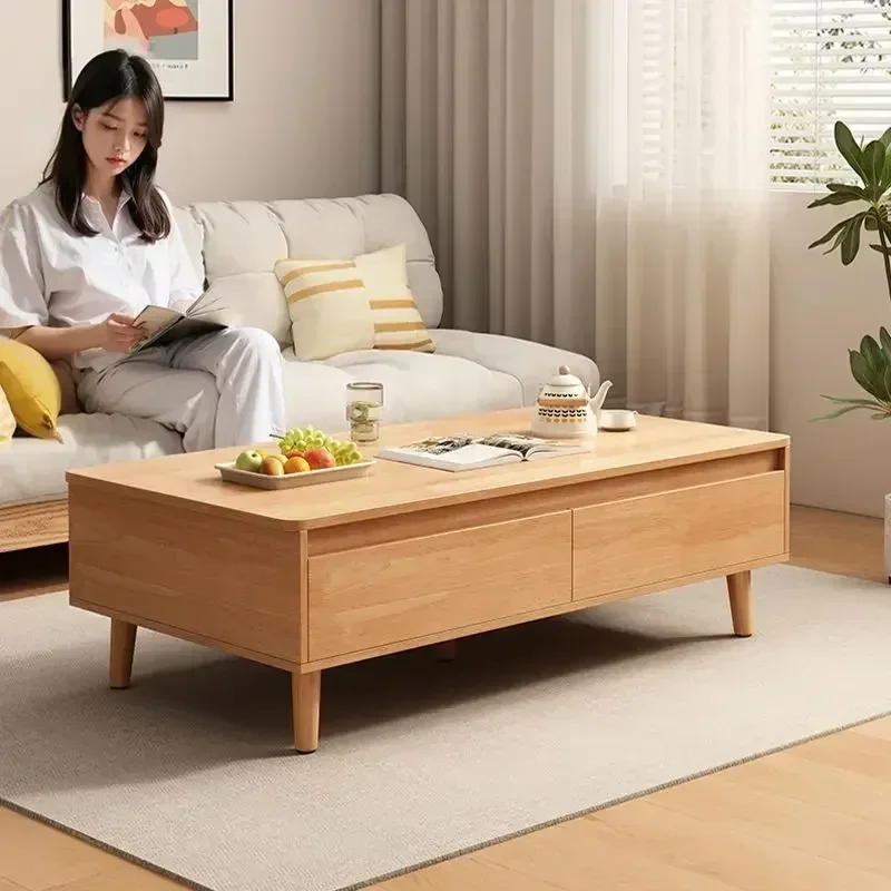 Solid Wood Tea Table for Living Room with Drawer Open Storage Shelf Wooden Coffee Table Modern Minimalist Furniture