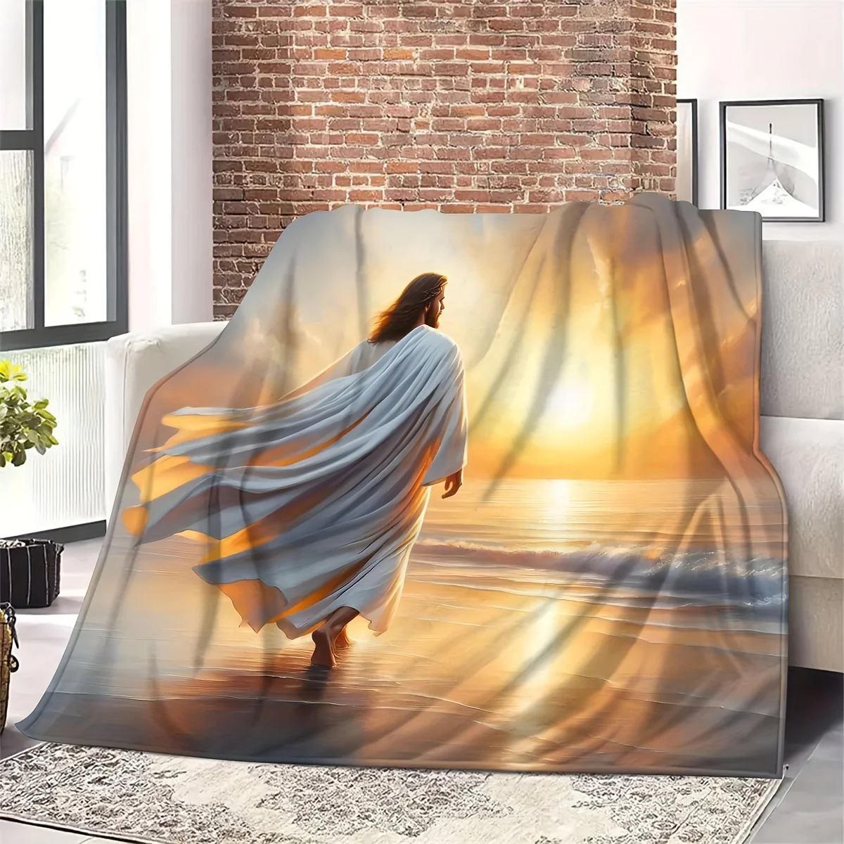 One Piece Jesus Walking on the Beach Digital Print Flannel Shawl Blanket - Four Seasons, Suitable for Sofa,, Office and Camping