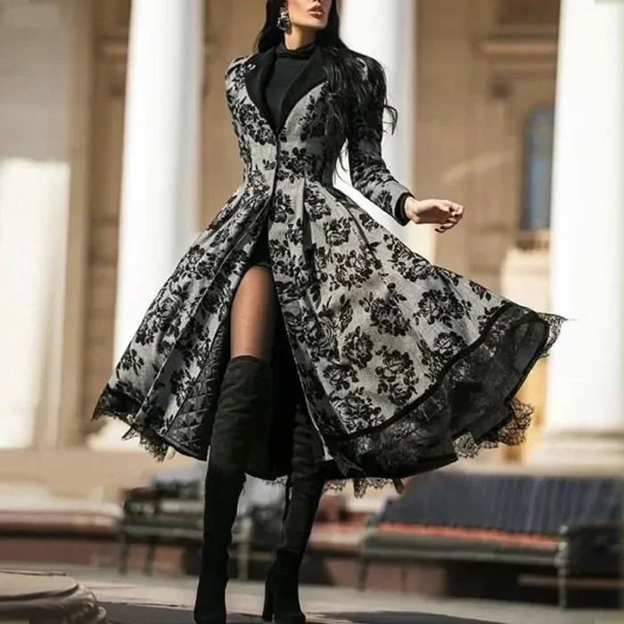 Frauen Vintage Party Graben Langarm Herbst Spleißen Spitze Taste Mantel Weibliche Casual Große Schaukel Mode Jacken