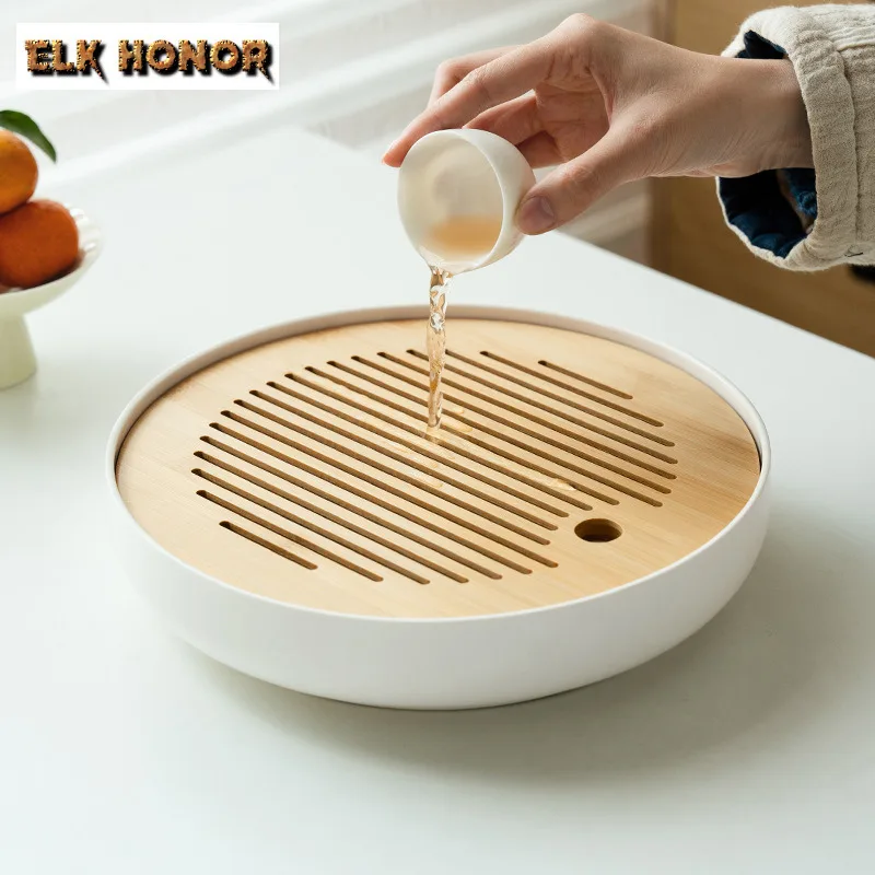 1000ml White Porcelain Circular Pot Bearing Holder Zisha Pot Anti-scald Mat Water Storage Dry Soaking Table Tea Tray Tea Items