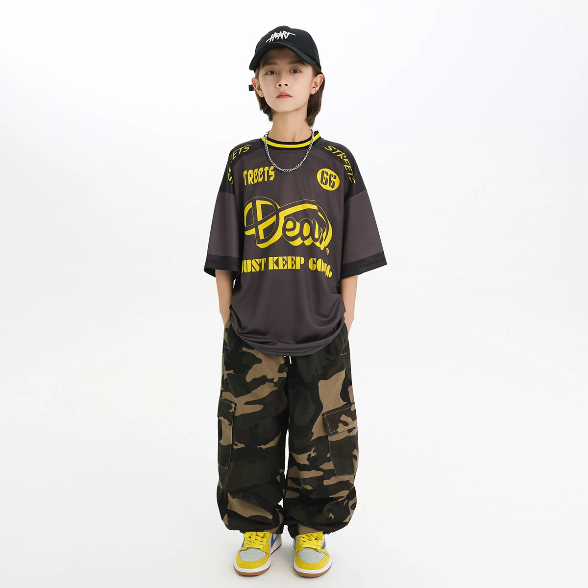 Street Dance Jongens Jazzdans Kostuums Losse Sport Print T-shirt camouflage Broek Hip Hop Dansvoorstelling Stadiumkostuums DN21236