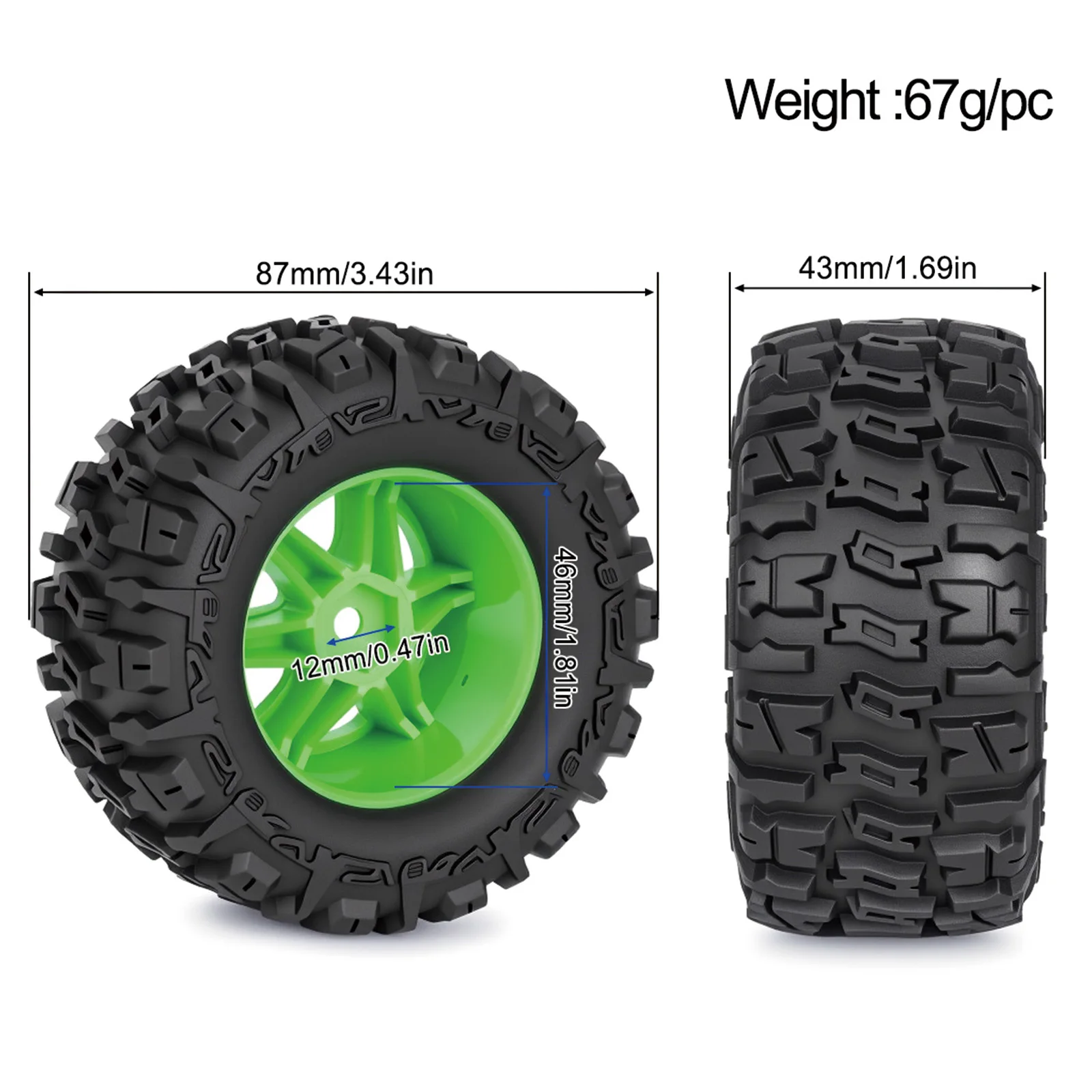 4 Pcs 87mm RC Wheels & Tires Set for 1/14 1/16 1/18 RC Crawler MJX WLtoys Off-Road Car, Upgrade Parts