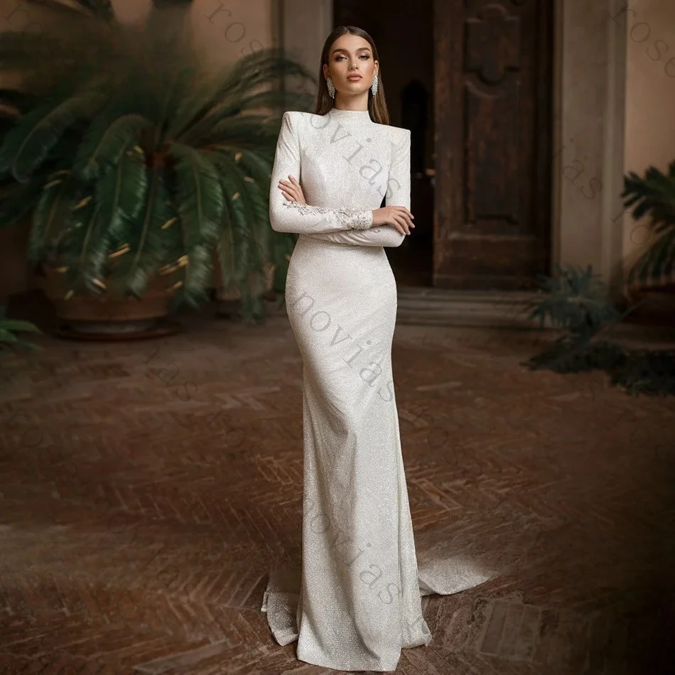 

Customized Shimmer Mermaid Wedding Dress High Neck Full Sleeve Sparkly Bridal Gown Elegant Vestidos De Novia 2026 Luxury