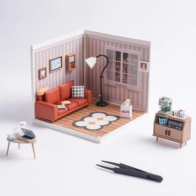 Robotime-DIY Kit Casa em Miniatura com Acessórios, Cozy Living Lounge Kit, Making Kit com Luz LED, Hobby Unique G