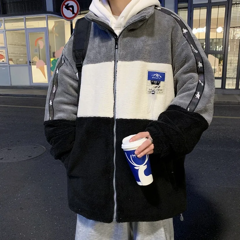 

Утепленная хлопковая куртка с мехом ягненка, мужская зимняя новинка, повседневная свободная теплая куртка на молнии, однотонная, молодежная мода