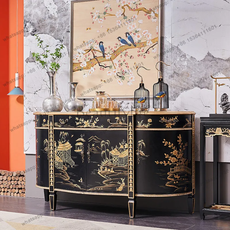

European retro solid wood hand-painted black gold-painted villa entry semi-circular entrance decorative cabinet