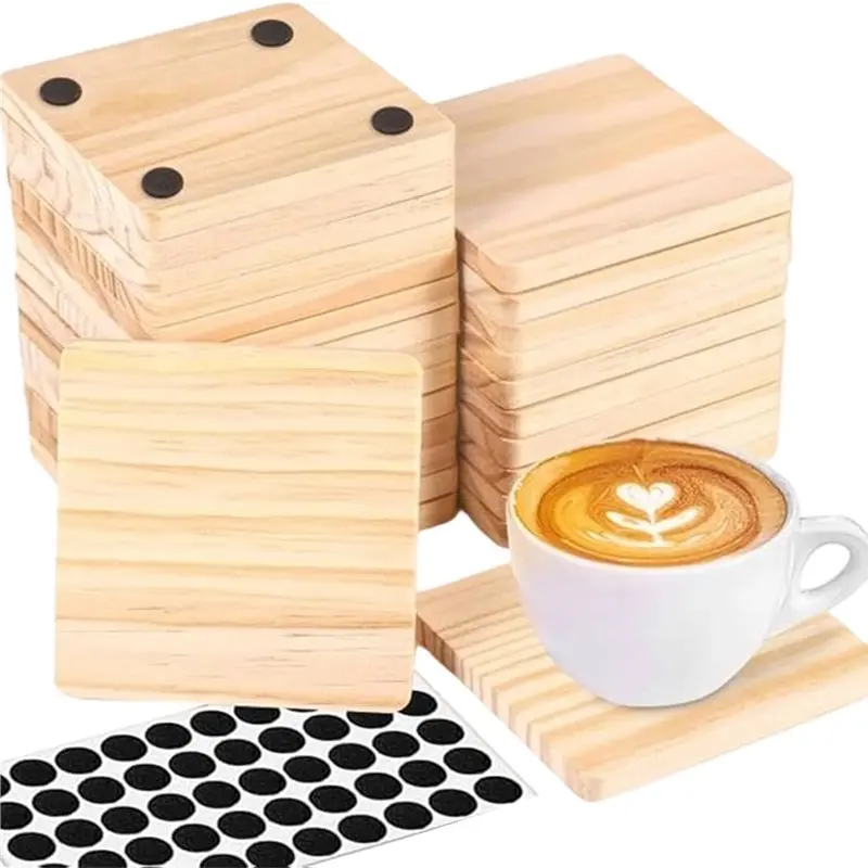 N96R Heat-Resistant 20 Pcs 4 Inch Unfinished Square Wood Coasters, Non-Slip Pads For Teacup For DIY Crafts