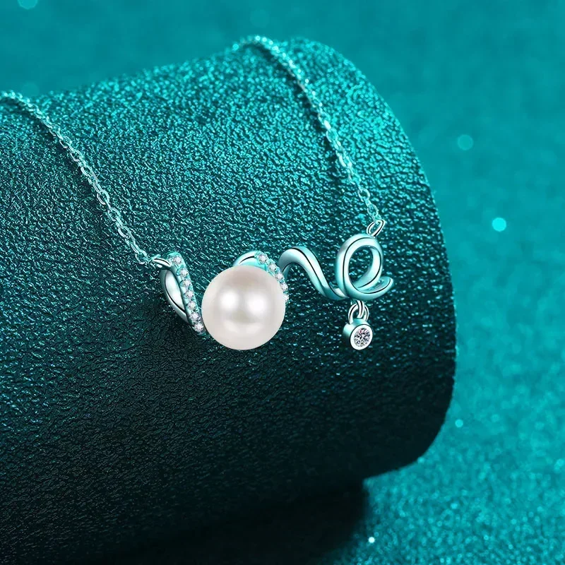 Luxury Moissanite Diamond LOVE Pendant Jewelry Gifts, Freshwater Pearl PT950 Platinum Necklace for Women Anniversary Engagement