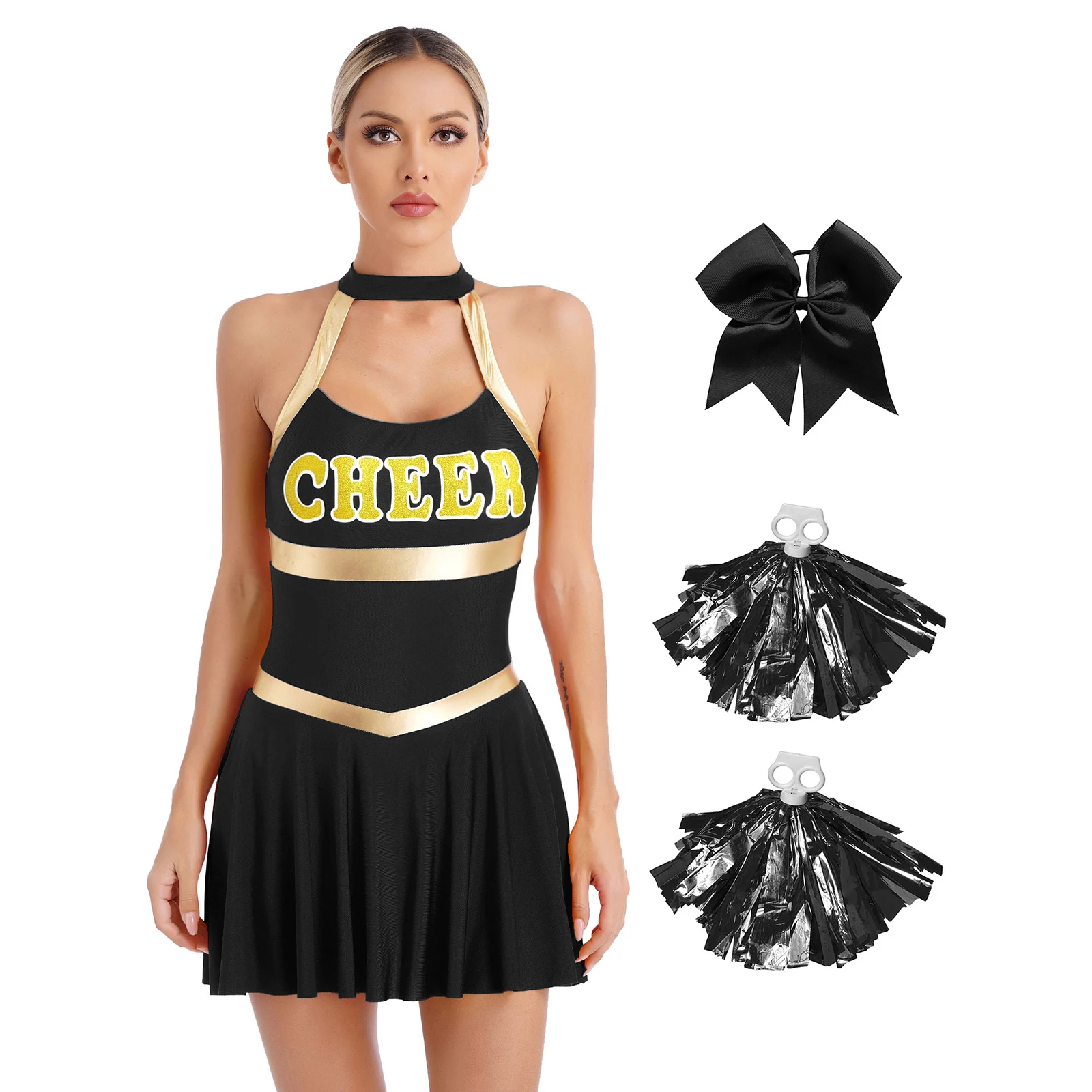 Women Cheerleading Dance Outfit Sleeveless Dress with Hair Band Flower Balls Sports Meet Basketball Match Performance Dancewear