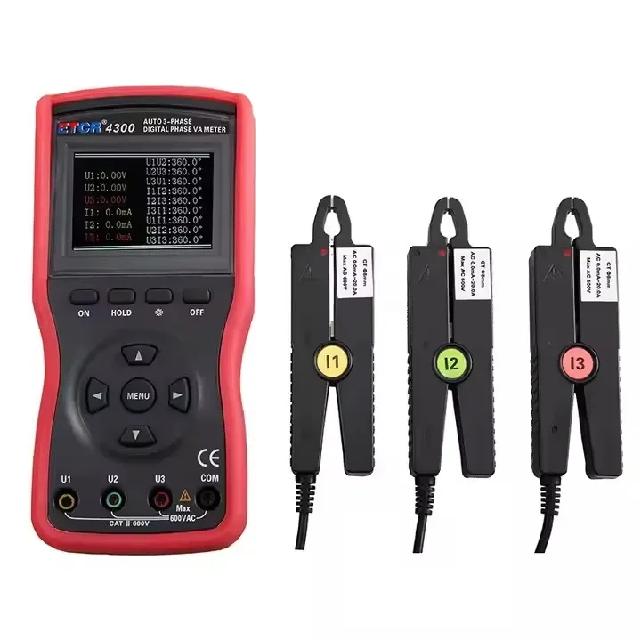 2026 ETCR4300 3-Phase Digital Phase Voltmeter Triple Clamp Automatic 0~360 Phase Voltmeter USB Port 500 Data Resistance Meters