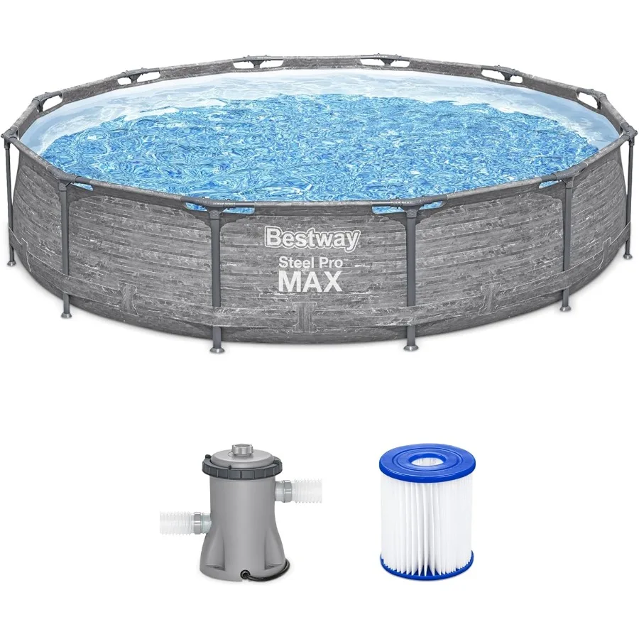 스틸 프로 맥스 12' x 30' 원형 지상 수영장 세트 (야외용, 내구성 있는 금속 프레임, 내장 라이너 및 효율적인 시스템 포함)