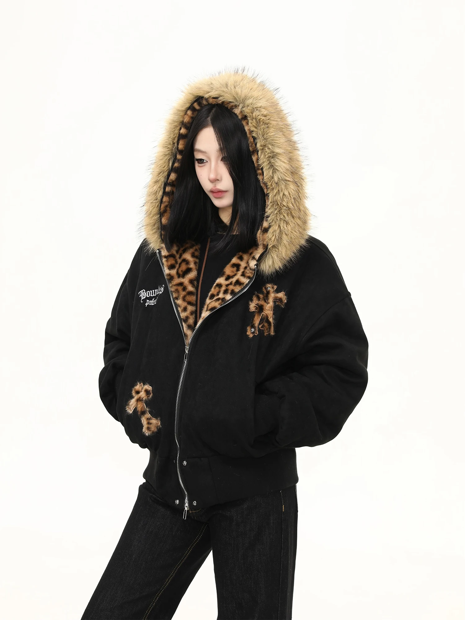 

Уличная хлопковая куртка оверсайз с капюшоном для мужчин и женщин, с вышитым меховым воротником и леопардовым узором крестиком