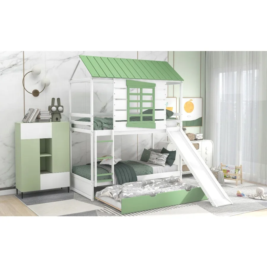 Twin over Twin Size House Bunk Bed with Convertible Slide and Trundle White+Green