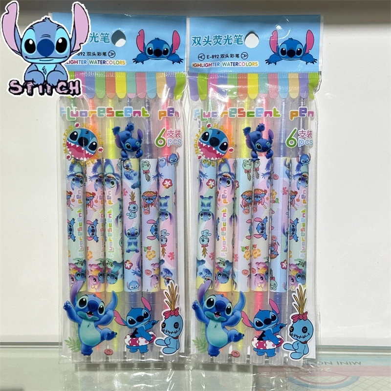 6pcs/set Disney Student Stationery Multifun Ctional Double-ended Highlighter Portable School Supplies Mini Marker Christmas Gift