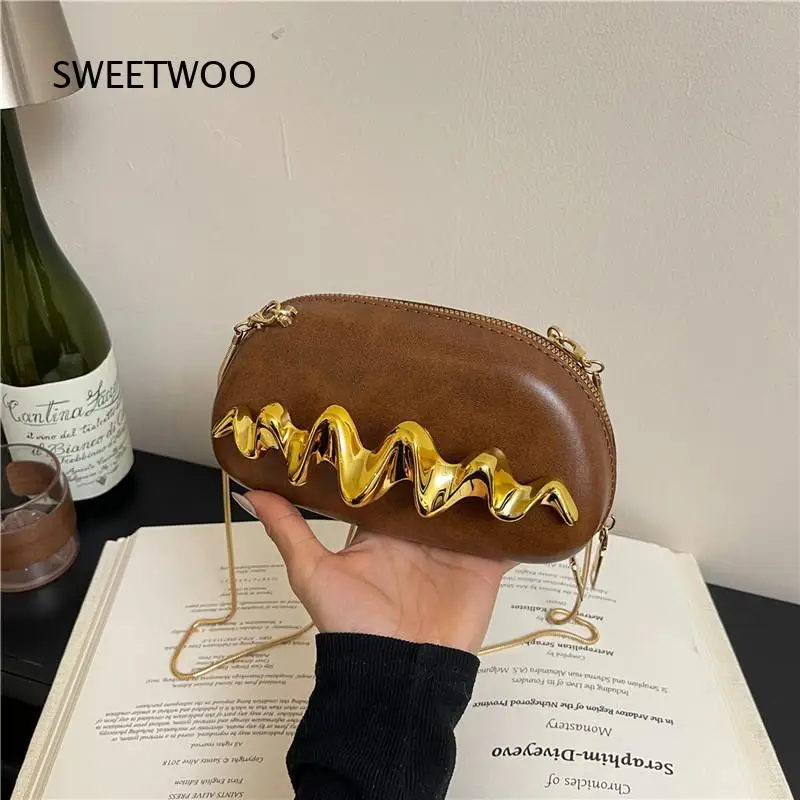 Vintage Brown PU Oval Mini Bag Wavy 3D Gold Metal Decor Zipper Closure Thin Chain Strap Evening Crossbody Purse