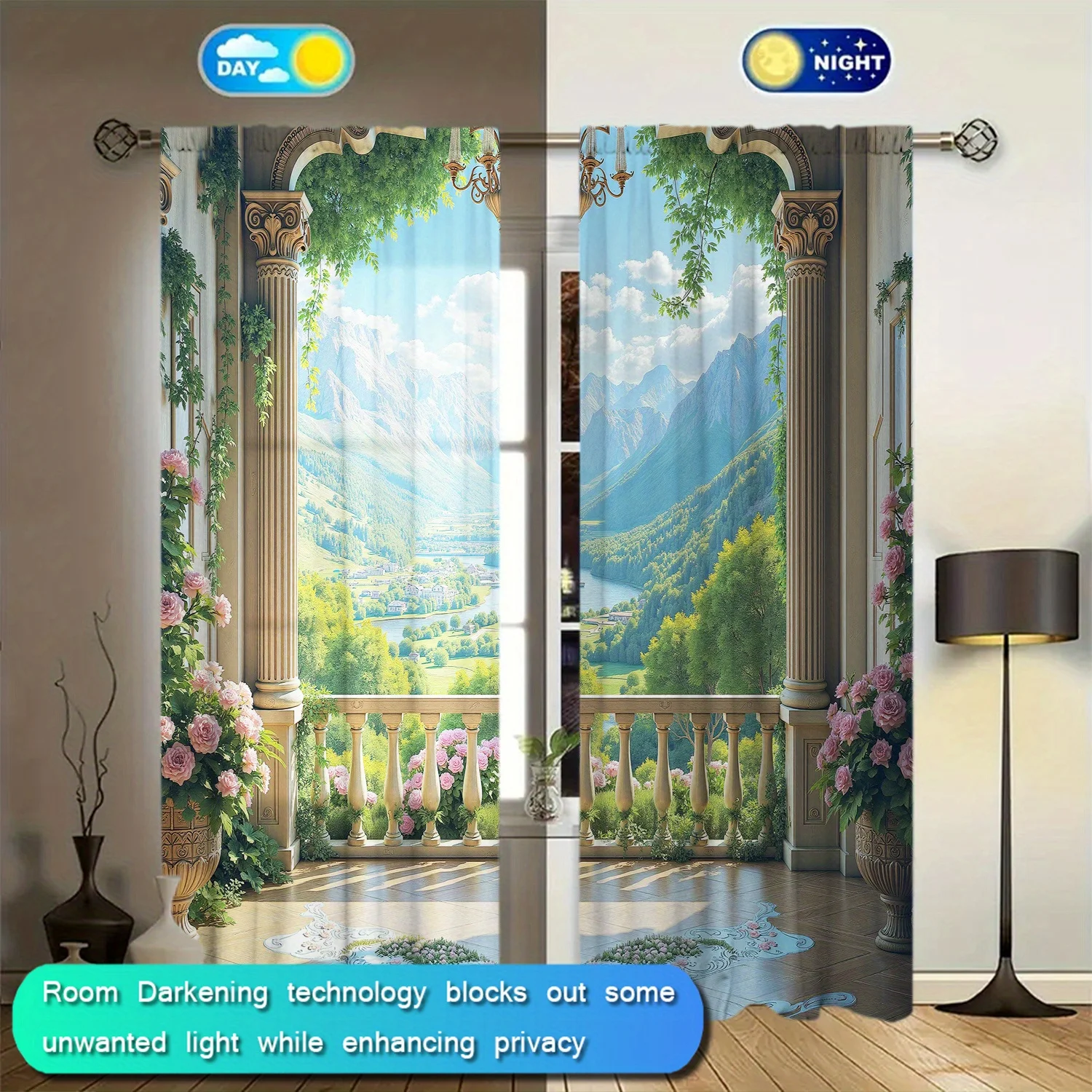 Elegant Decorative Polyester Curtains Window Panels Scenic Mountain Landscape Floral View Privacy Filtering Room Darkening Home