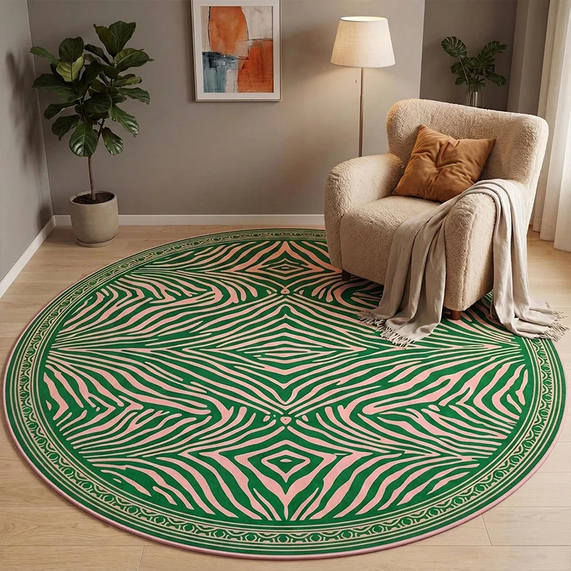 Living Room Carpet Soft Floor Mat Non-slip Machine-washable Retro Green Pink Zebra-patterned Round Rug Home Decoration Carpets