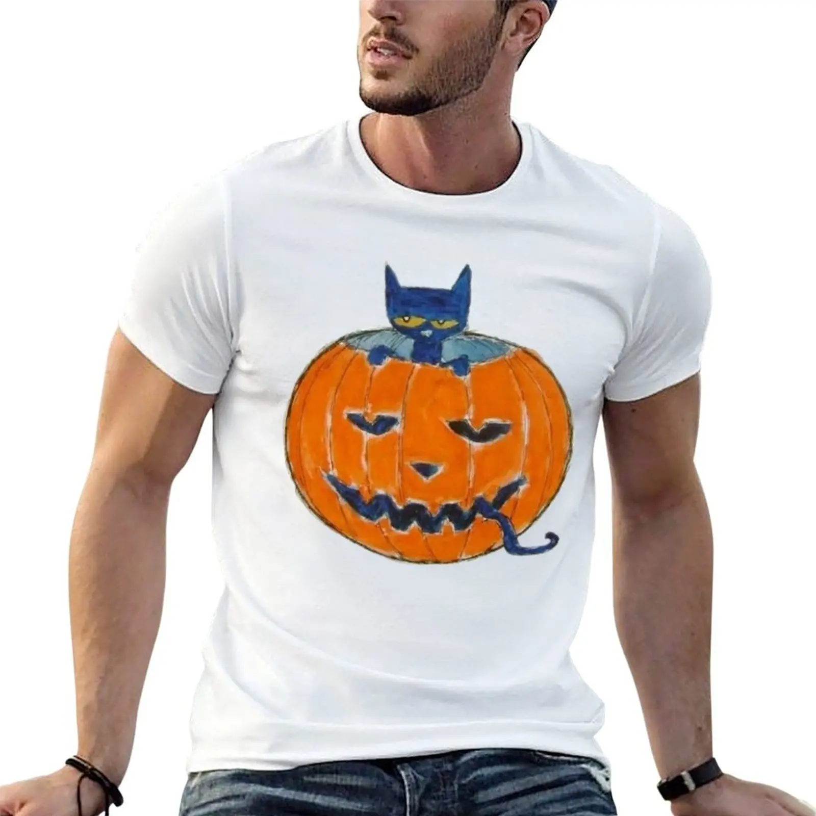 

pete the cat in a pumpkin T-Shirt men t shirt cotton 100% t shirt man casual T-Shirt