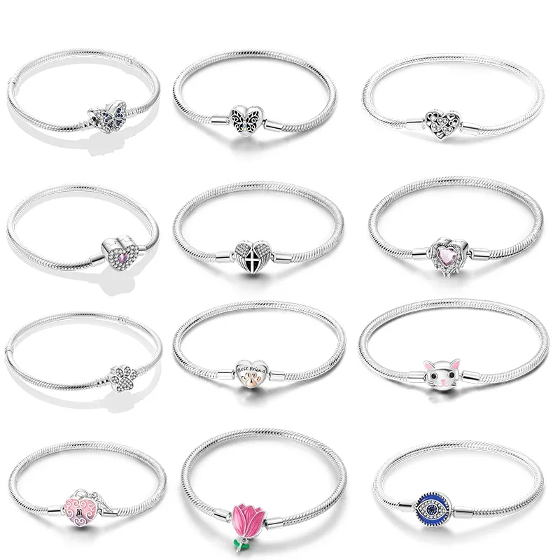 

925 Sterling Silver Bracelets 17-20CM Original Leaf Clover Butterfly Heart Bracelet Fit DIY Charms Beads Fashion Women Jewelry