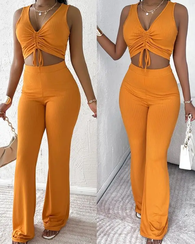 

Women's Sexy Ribbed Drawstring Crop Tank Top & Pants Set Temperament Commuting Summer New Fashion Women Skinny Trousers Outfits