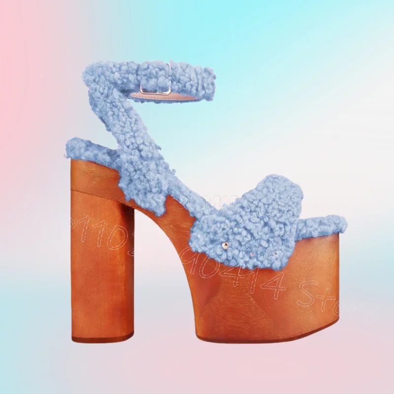 

Sky Blue Lamb Wool Wooden Platform Sandals Buckle Strap Women Shoes Chunky High Heels Open Toe Banquet 2025 Zapatos Para Mujere