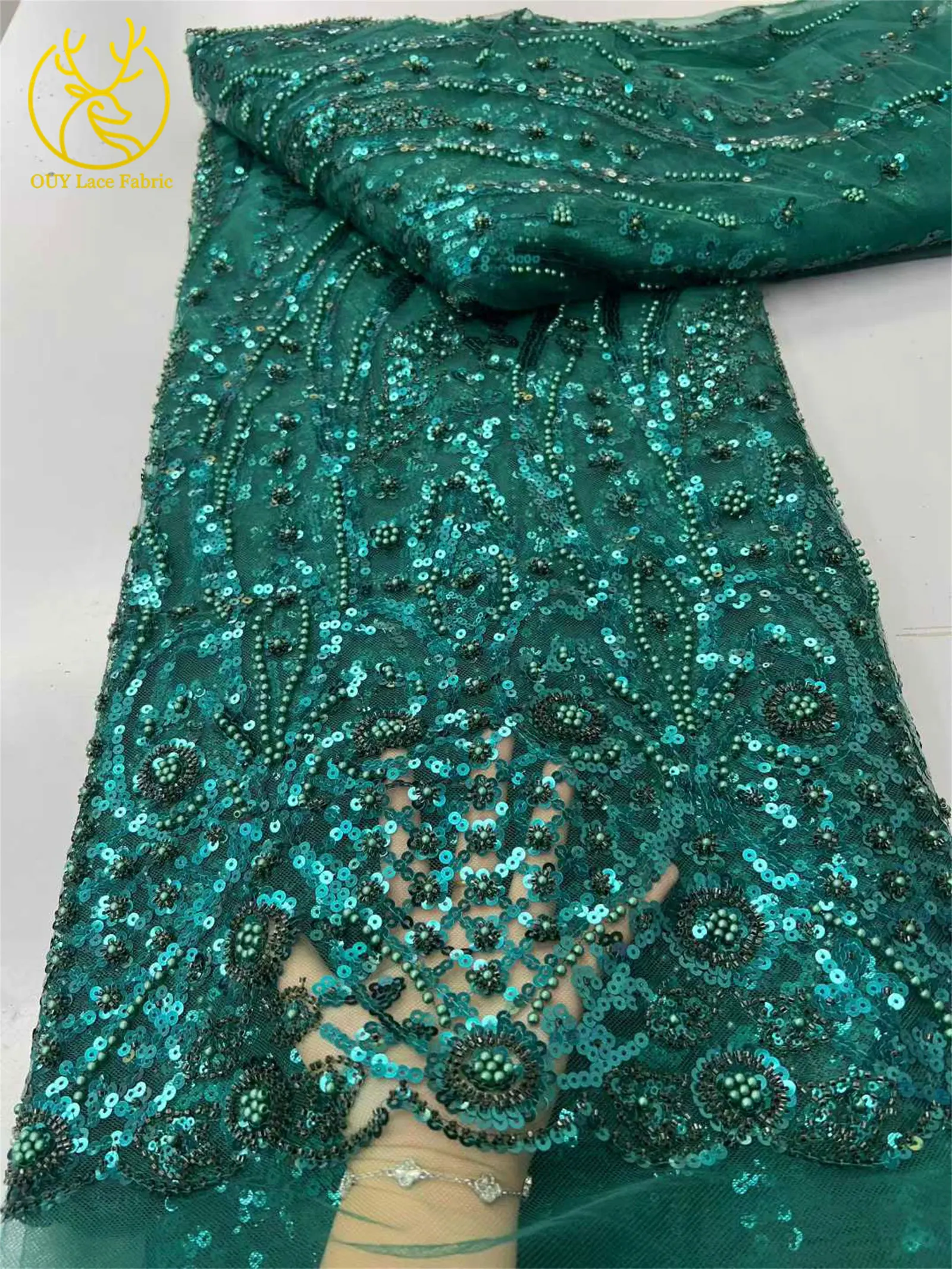 5 Yards afrikanischer, lindgrüner Perlen-Pailletten-Spitzenstoff 2026, königlicher französischer Pailletten-Tüll-Spitzenstoff für Damen-Partykleider, Nähmaterial – Detail 7