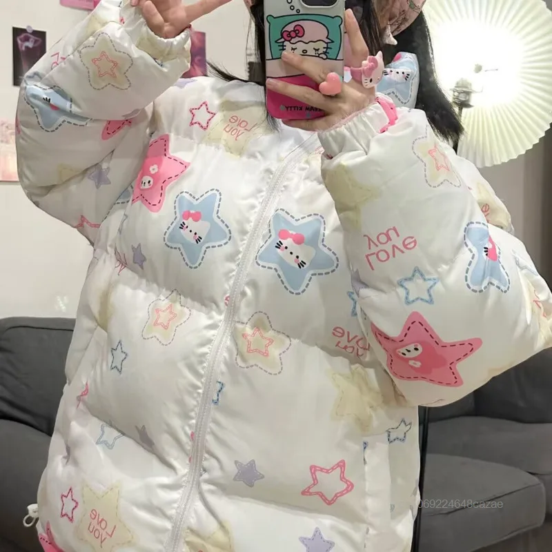 Sanrio jaket katun wanita, mantel katun Hello Kitty lucu, jaket katun longgar gaya Jepang, mantel ritsleting kerah tebal hangat baru musim dingin