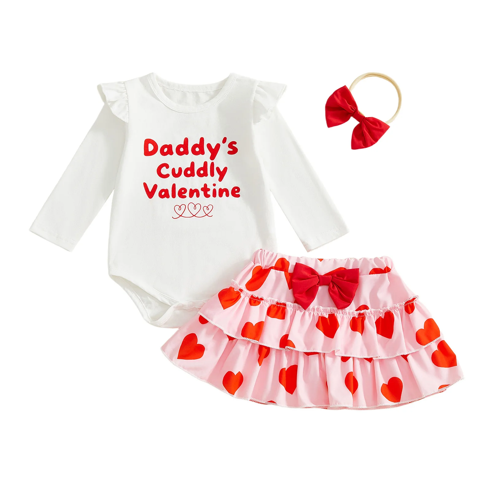 

3Pcs Baby Girl Valentine s Day Outfit Ruffle Sleeve Bodysuit Elastic Waist Skirt and Bow Headband Set for Infants
