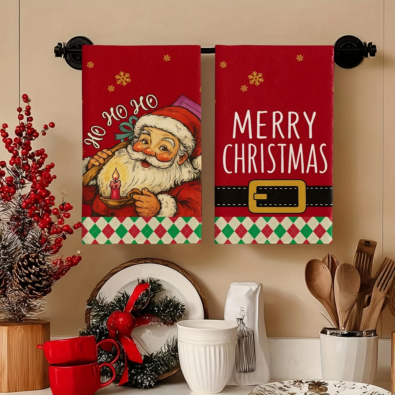 2-Pack Santa Hand Towel - Soft Microfiber Bath Towel Kitchen Towel, Holiday Decorative Towel with Santa Pattern