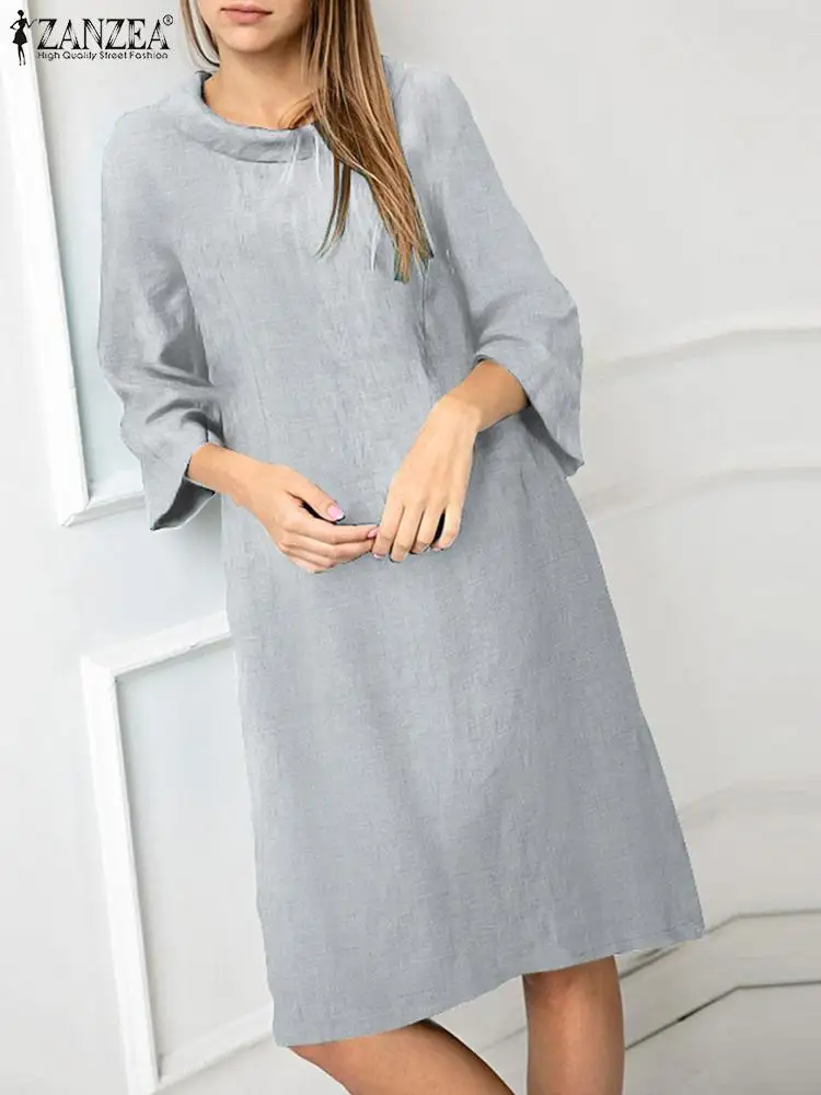 

ZANZEA Holiday Turndown Collar Vetidos Fashion Solid Knee-length Dress Women Vintage Pocket 3/4 Sleeve Robe Waisted A-line Dress