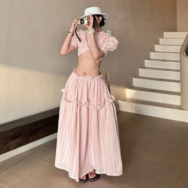 

2025 summer navel-exposed front shoulder hollow chest top loose drooping skirt women's clothing club clothing Vestidos