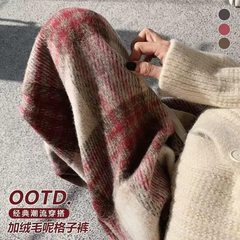 

Женские брюки дышащие винтажные мягкие джинсовые зимне-осенние красные клетчатые брюки с высокой талией простые повседневные тонкие толстые флисовые прямые широкие брюки