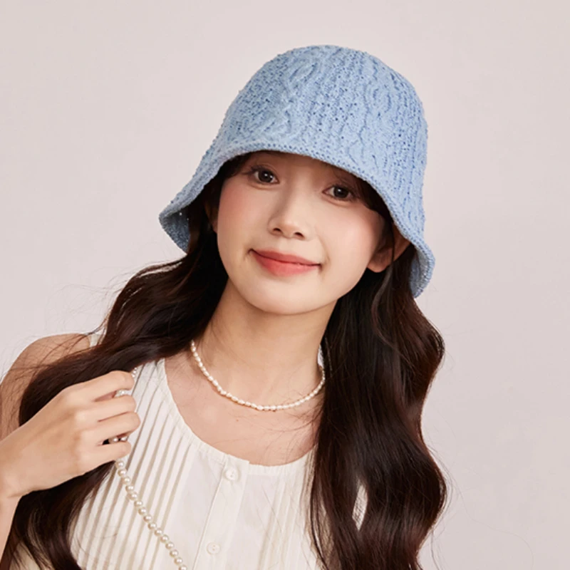 Spring and Summer Ice Silk Fabric Hollow Bucket Hats Women Korean Sweet Versatile Cute Dome Sunscreen Breathable Basin Caps