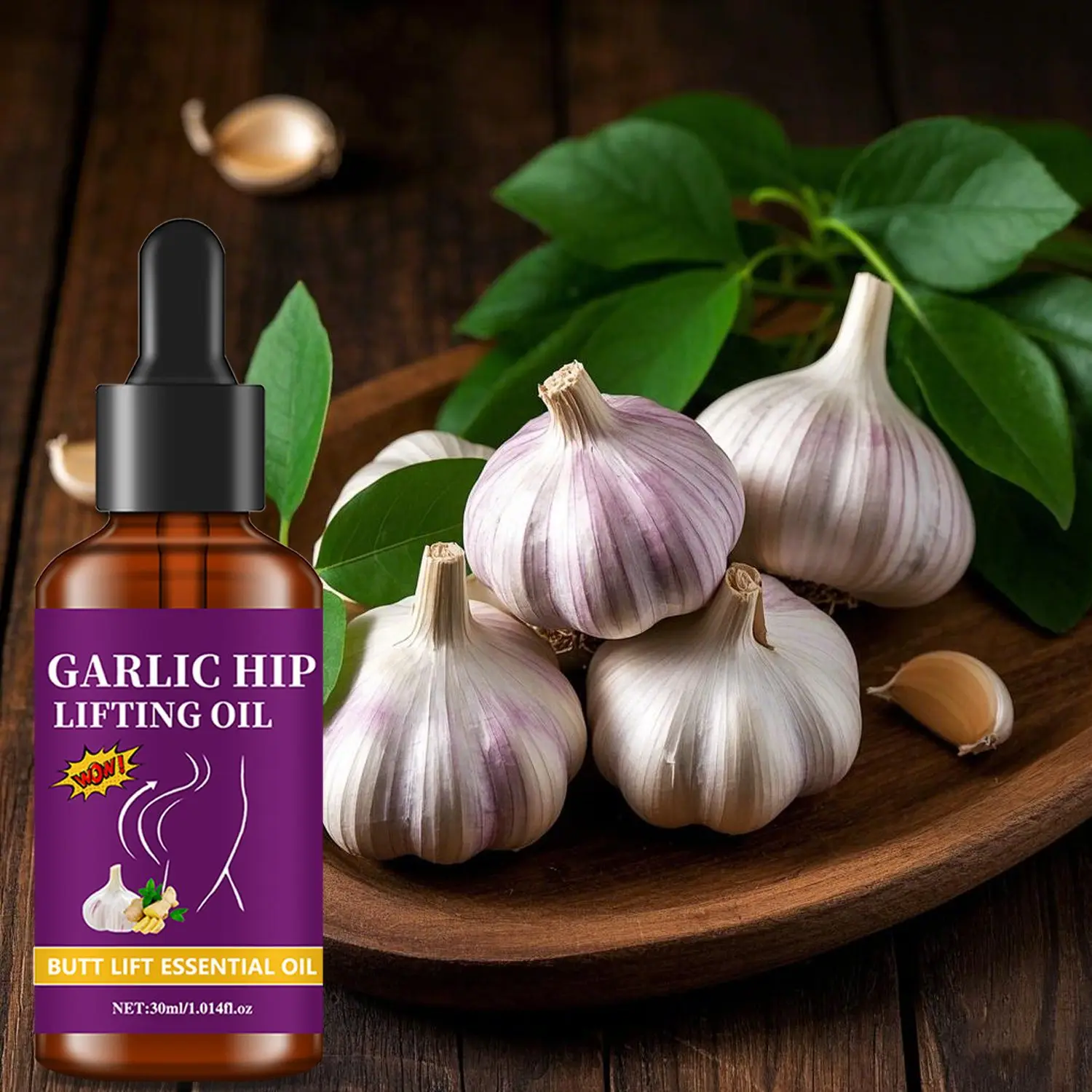 Garlic Hip Lifting Oil 30ml - Butt Lift Essential Oil with Ginger, Rose, Chamomile, Grape Seed & Pomegranate - Firming & Moistur