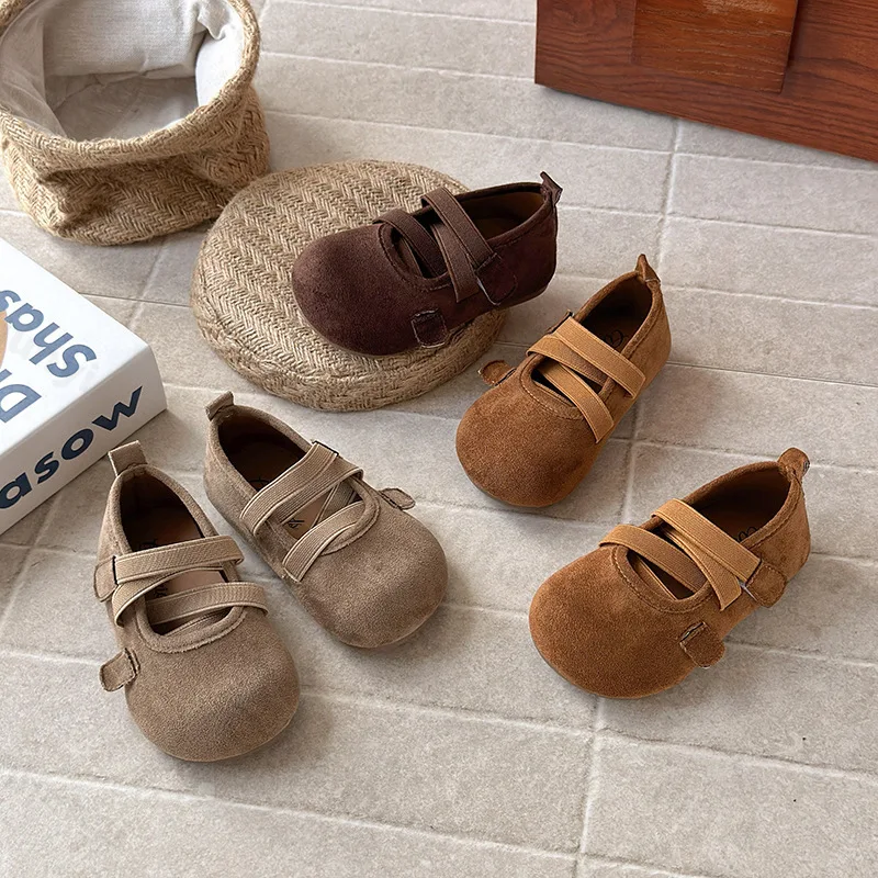 

Однотонные замшевые туфли в стиле ретро для девочек, осень 2023, новые детские элегантные универсальные удобные балетки на плоской подошве