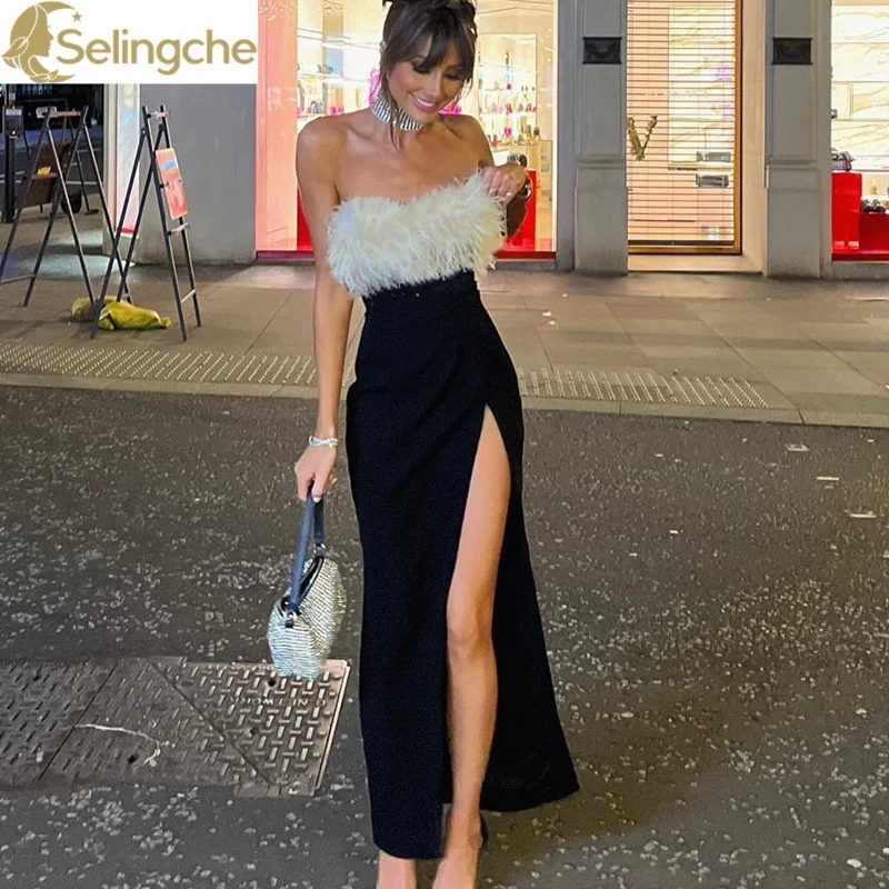 

Light European and American Style Winter Christmas Contrasting Plush One Line Collar Strapless High Slit Long Dress for Women