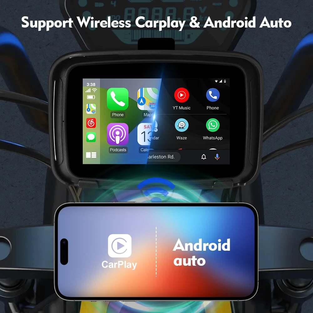 5‘’ inch Portable Motorcycle Wireless Apple Carplay Android Auto Navigation IPX7 Screen Motorcycle Waterproof Display GPS