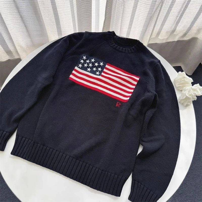 Mode Hoge kwaliteit Amerikaanse vlag Borduren Lange mouw Casual losse gebreide trui Y2K Mannen Vrouwen Veelzijdige Trendy Streetwear