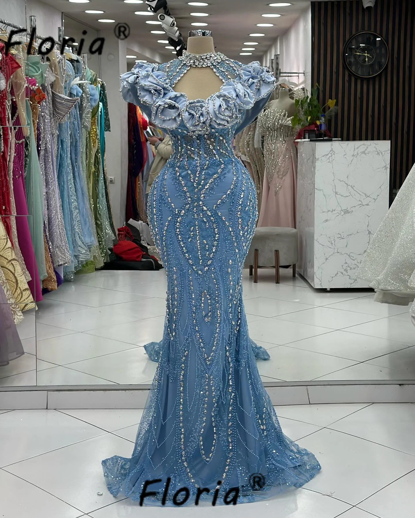

Blue Mermaid Party Dresses Beaded Long Evening Luxury Flowers Crystal Wedding Guest Dress Women Vestidos para mujer elegantes