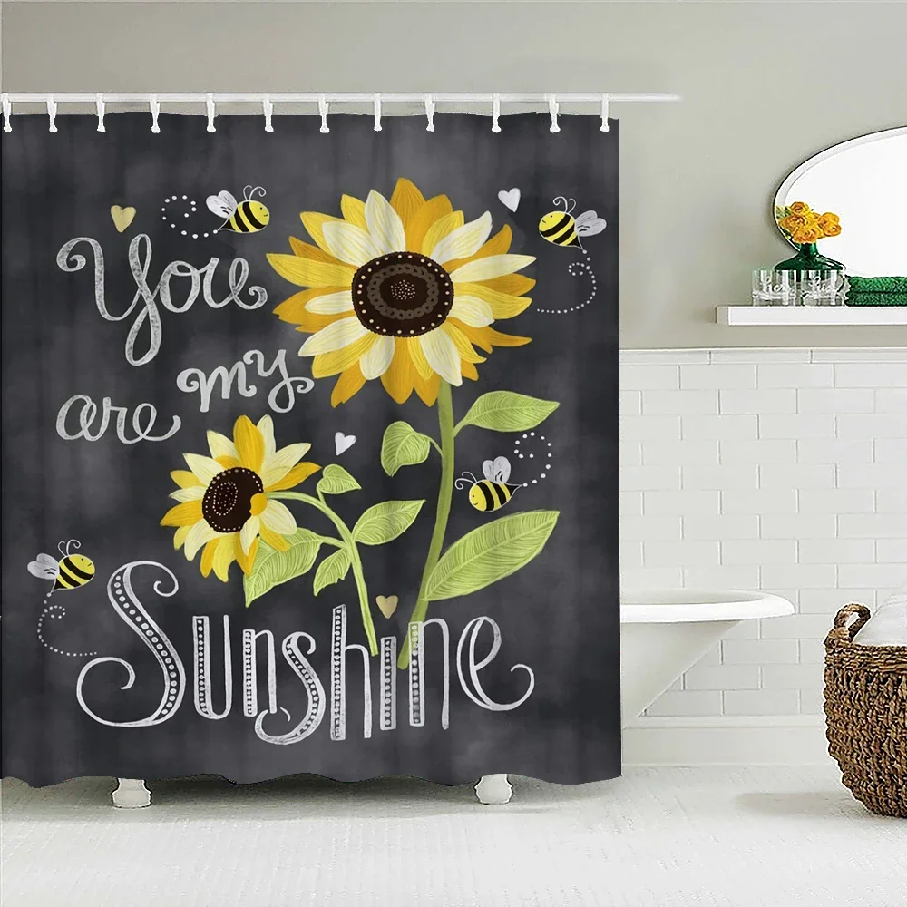 Colorful Flower Sunflower Bathroom Shower Curtains Frabic Waterproof Polyester Vintage Style Car Bath  with Hooks