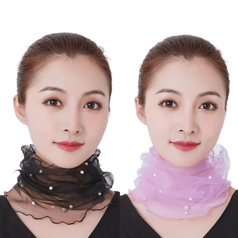 Transparent Lace Beaded Scarf Thin Sunscreen Scarves Organza Elastic Small Neckerchief Mesh Fake Pearl Collar Elegant Scarf