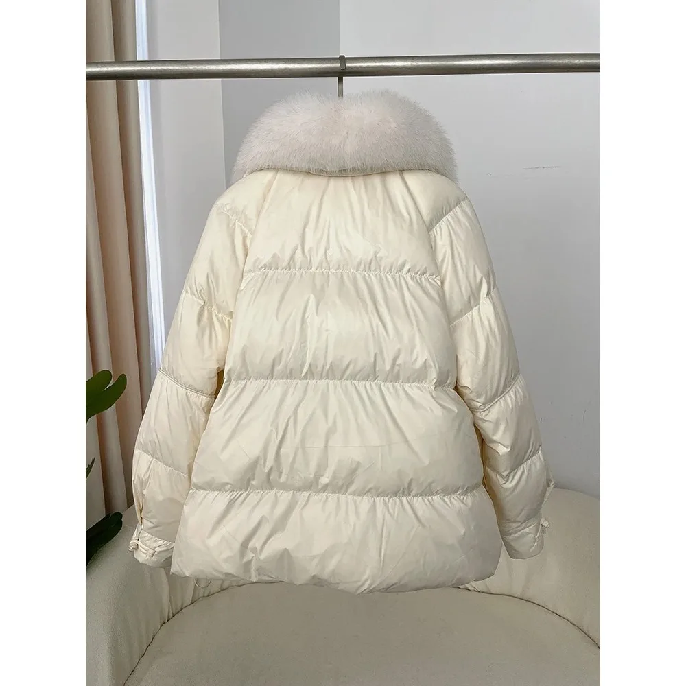 Autumn Winter Fashion Fox Fur Collar Spliced 90% White Duck Down Thickened Warm Women Korean Style Loose Casual Down Jacket