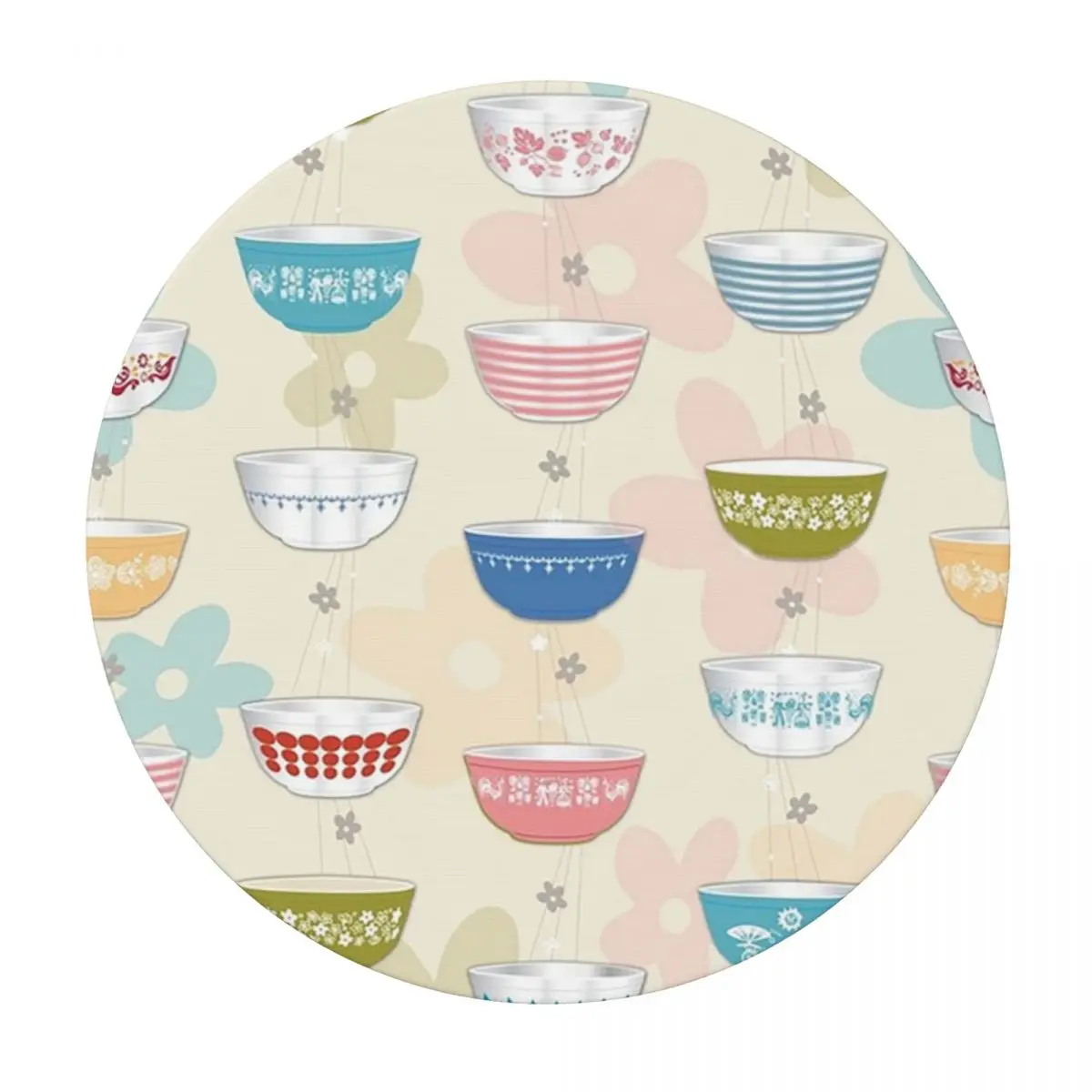 Vintage Pyrex Bowls Collection Waterproof Round Tablecloth Oilproof Table Cloth for Kitchen Events Dining Table Cover