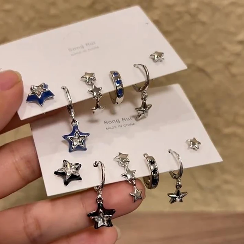 Conjunto de pendientes góticos de estrella de cristal negro para mujer y niña, aretes con pentagrama de corazón estético Vintage, accesorios de joyería Y2K a la moda