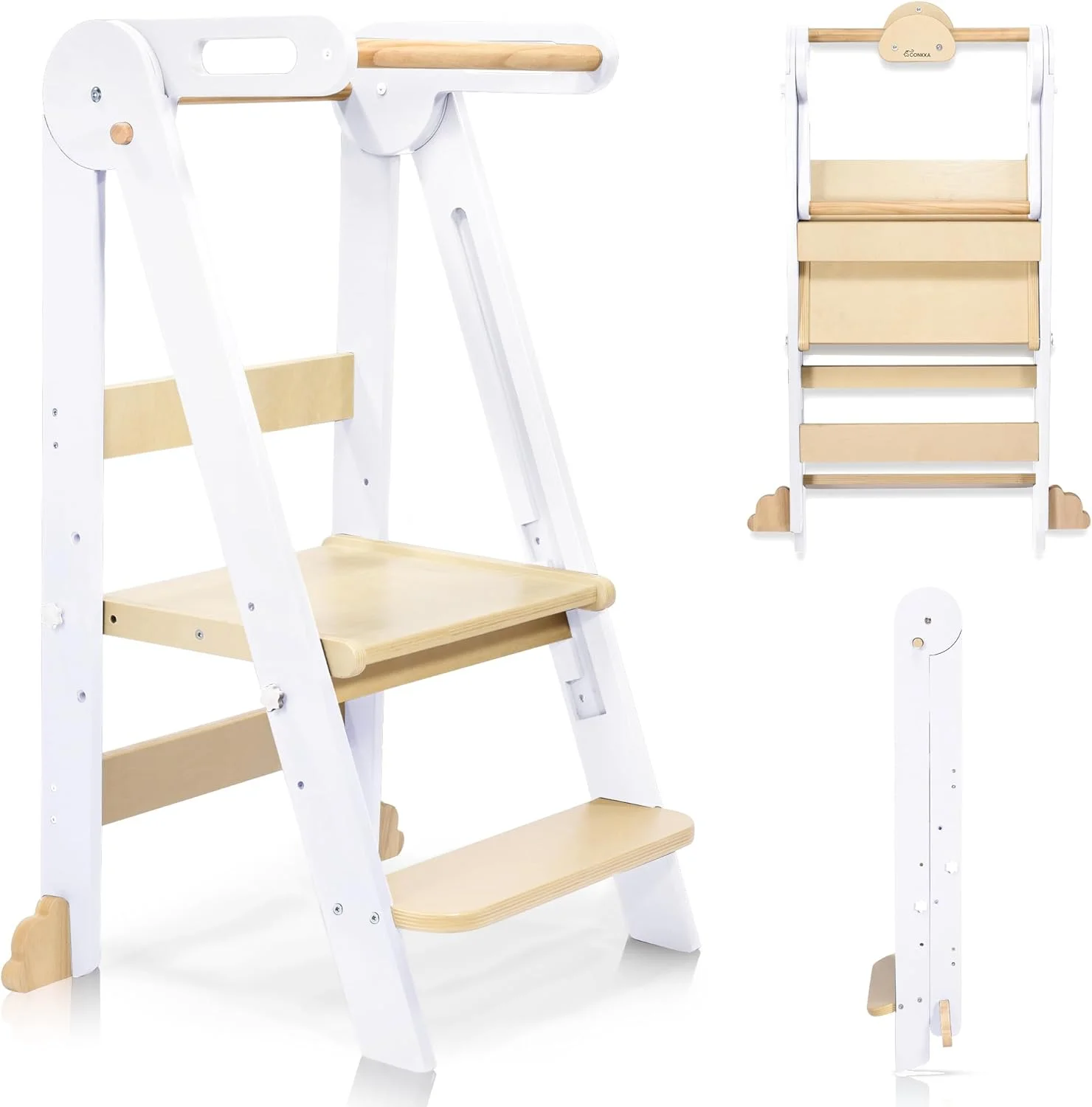 

New Hot Sale European Style White Wooden Kitchen Helper Stool Foldable Toddler Standing Tower with 3 Adjustable Heights